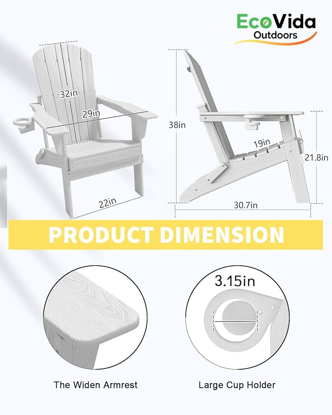 3-Piece Folding Adirondack Chair Set - 38" Extra Tall Back & Embossed Wood Grain, Oversized HDPE Patio Furniture with Side Table & Cup Holders, 380lb Heavy Duty, White