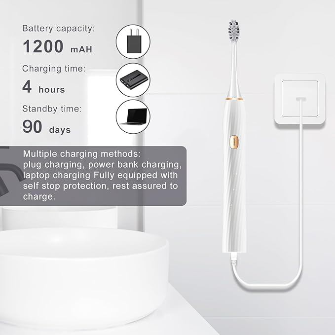 Electric Toothbrush for Adults and Kids, Sonic Electric Toothbrush, 4 Modes and 2 Minute Timer, 30000-45000VPM Power Toothbrush, IPX8, One Charge for 90 days 8 Replacement Head, Christmas Gift (White)