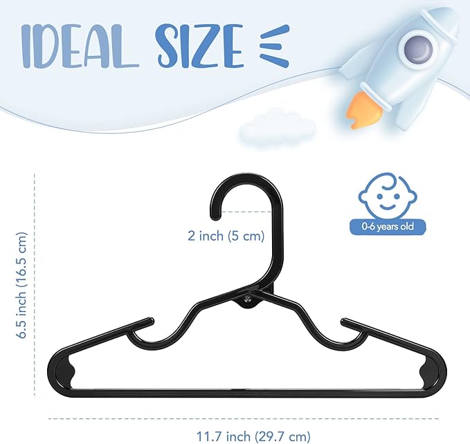 HOUSE DAY Plastic Baby Hangers for Closet 20 Pack, Durable Plastic Kids Hangers for Baby Clothes, Thin & Compact Childrens Hangers, Space Saving Black Baby Hangers, Small Hangers for Kids Clothes