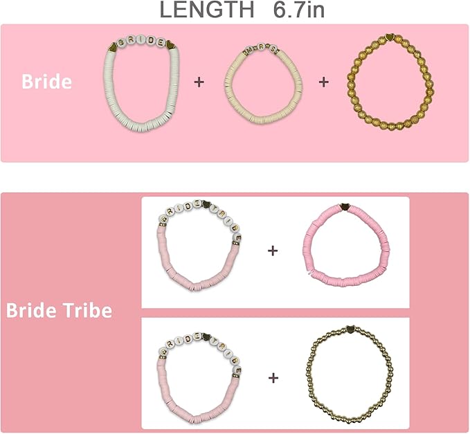 Bridal Shower Decorations, Bachelorette Party Favors, 11 Pcs Pink Bride Tribe Clay Bead Bracelet Preppy Bracelet Stretch for Women Wedding Boho Disc Party Beach Wedding Gift Supplies (White & Pink