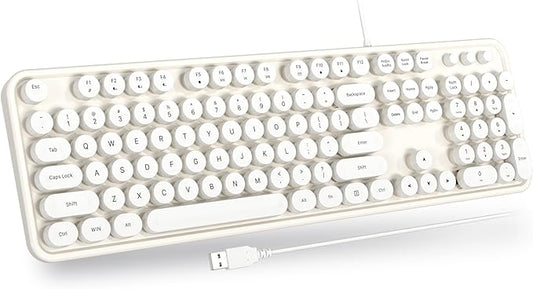 USB Wired Computer Keyboard - Retro Typewriter Keyboard - Full Size Keyboard with Number Pad for PC Laptop Desktop Windows (Creamy White)