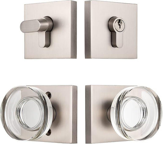 coolnews Crystal Glass Door Locks with Deadbolts, Entry Door Knob and Deadbolt Lock Set, Satin Nickel