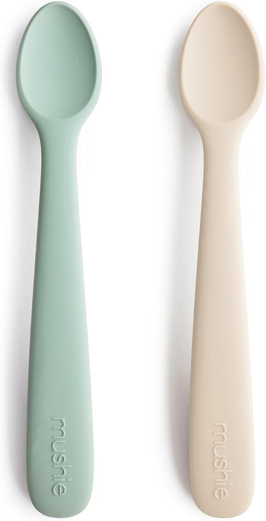 mushie Silicone Baby Feeding Spoons | 2 Pack (Cambridge Blue/Shifting Sand)