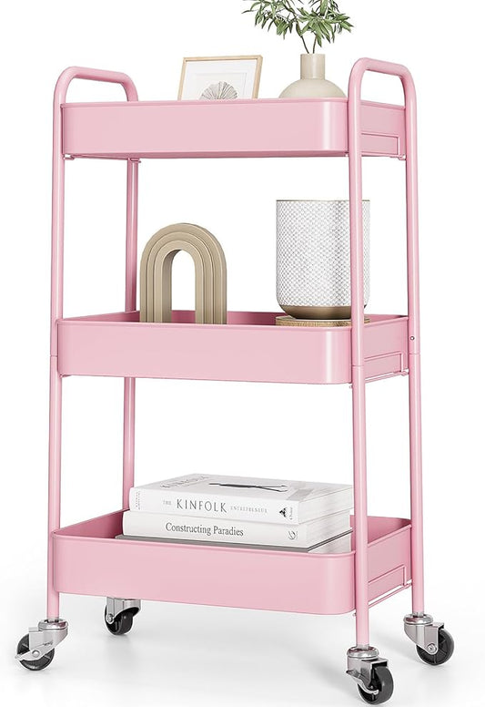TOOLF 3-Tier Metal Rolling Cart with Wheels, Storage Utility Organizer Cart for Kitchen, Bathroom, Office, Baby Essentials & Makeup - Lockable Casters, Easy Assembly, Large Capacity, Pink