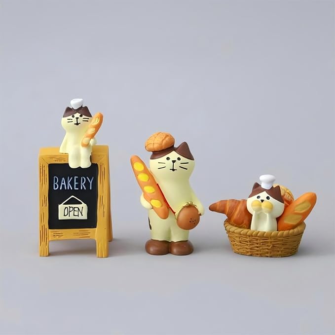 Miniature Cat Bakers Trinkets Set of 3, Cute Cat Figurines for Bakery, Funny Gifts for Cat Lovers or Baker, Car Dashboard Home Office Desk Decor