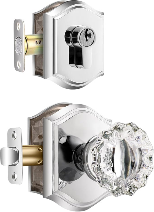 Crystal Glass Passage Door Knob and Single Cylinder Deadbolt Combo Set, Polished Chrome Finish