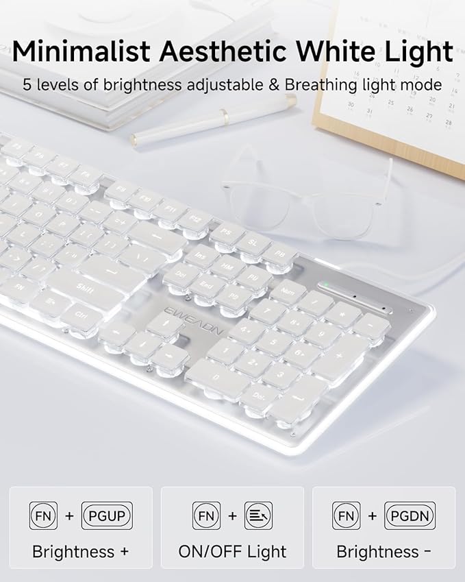 EWEADN GX710S Backlit Computer Keyboards, Wired USB Keyboard with White Backlit, Metal Panel, Plug and Play, Pudding Keycaps Full Size Quite Computer Keyboard for Win/PC/Laptop-White