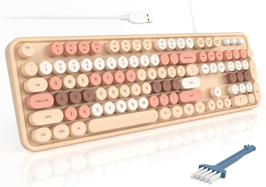 MOFII Wired Keyboard - Full Size USB Plug & Play, Colorful Retro Round Typewriter Keyboard with Foldable Stands for Windows PC Laptop (Milk Tea Colorful)