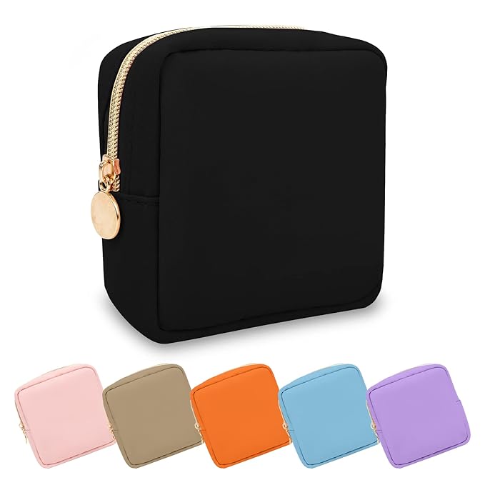 UIXIZQ Waterproof Mini Makeup Bag for Purse,Small Cosmetic Pouch Nylon Travel Toiletry Organizers Bag for Women Girls,Cute Zipper Preppy Coin Purse for Work(Mini-Black)