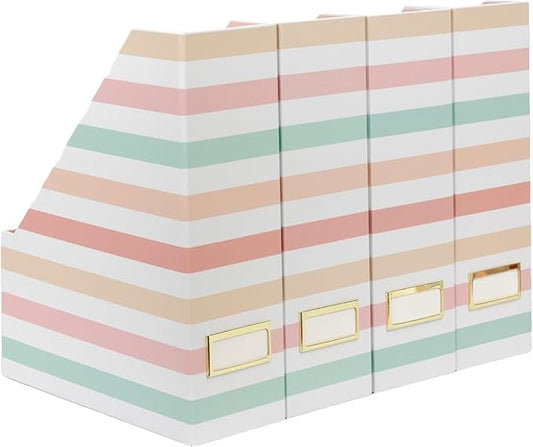 BLU MONACO Set of 4 Foldable Magazine Holders in Pastel Stripes | Cardboard Vertical File Organizer Boxes with Gold Label Holders | Stylish Paper Organizer for Desk, Office & Classroom