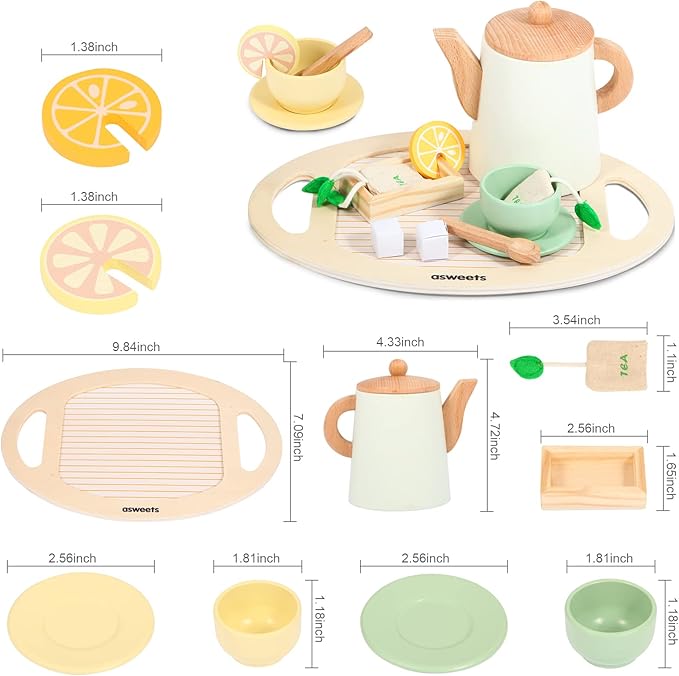 Asweets Wooden Tea Set for Little Girls,Tea Party Set Play Kitchen Accessories for Kid Playset Pretend Toddler Tea Set Toy