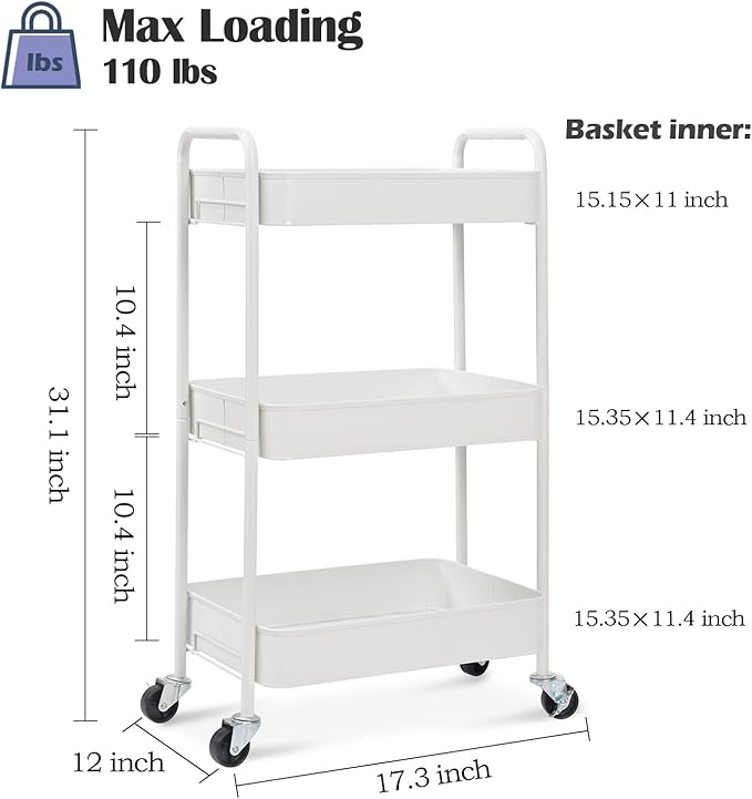 TOOLF 3-Tier Metal Rolling Cart with Wheels, Storage Utility Organizer Cart for Kitchen, Bathroom, Office, Baby Essentials & Makeup - Lockable Casters, Easy Assembly, Large Capacity, White