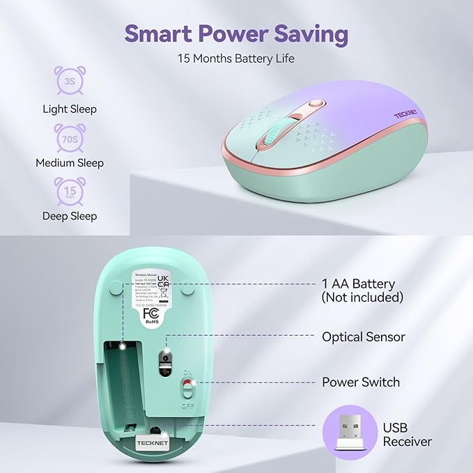 TECKNET Wireless Mouse, 2.4G Quiet Computer Mouse with USB Receiver, 4 Buttons Portable Cordless Mice for Chromebook, Laptop, PC, Mac, 800/1200/1600 DPI