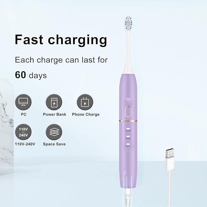 Electric Toothbrush Set, Comes with 8 Brush Heads & Travel Case,4 Modes with 2 Minutes Built in Smart Timer, One Charge for 60 Days, 42000 VPM Motor (Purple)