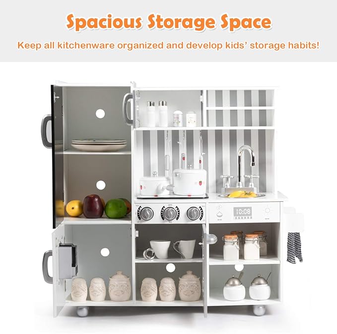 Fireflowery Kids Kitchen Playset, Toddler Kitchen w/Simulated Sound, Accessory Utensils, Blackboard, Sink, Stovetop, Cabinets, Pretend Play Kitchen, Gift for Ages 3+ (Modern)