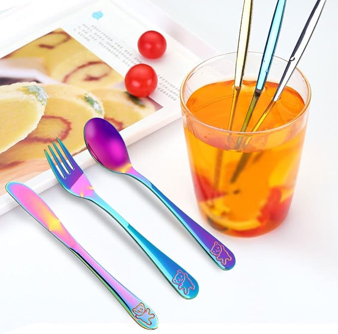 Pimoys 6 Pieces Rainbow Kids Silverware Stainless Steel Child and Toddler Utensils, Children's Safe Flatware Metal Cutlery Set Includes 2 Children Knives, 2 Forks & 2 Spoons