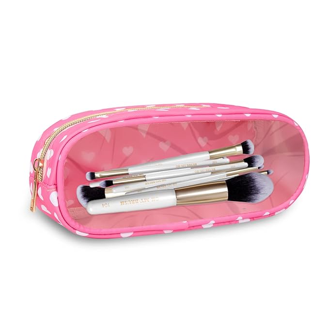 UIXIZQ Clear Small Pencil Pouch Makeup Bag for Purse,Nylon&PVC Pencil Case Waterproof Makeup Brush Holder with Zipper,Preppy Transparent Pen Bag Travel Cosmetic Bag for Women Office(Slim-Pink Heart)