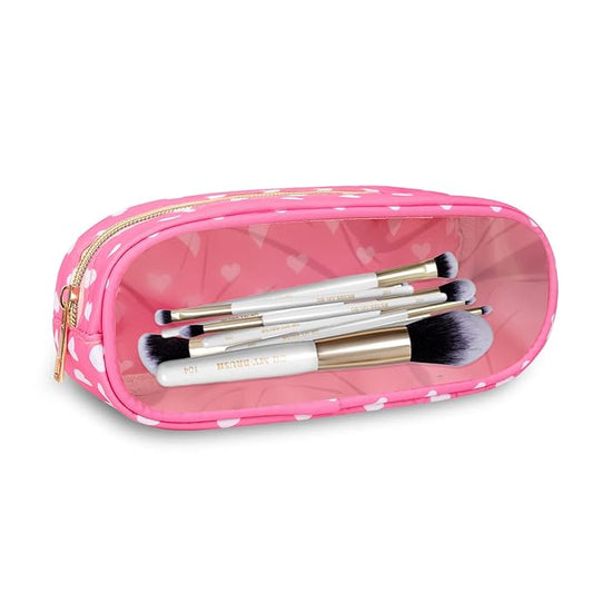 UIXIZQ Clear Small Pencil Pouch Makeup Bag for Purse,Nylon&PVC Pencil Case Waterproof Makeup Brush Holder with Zipper,Preppy Transparent Pen Bag Travel Cosmetic Bag for Women Office(Slim-Pink Heart)