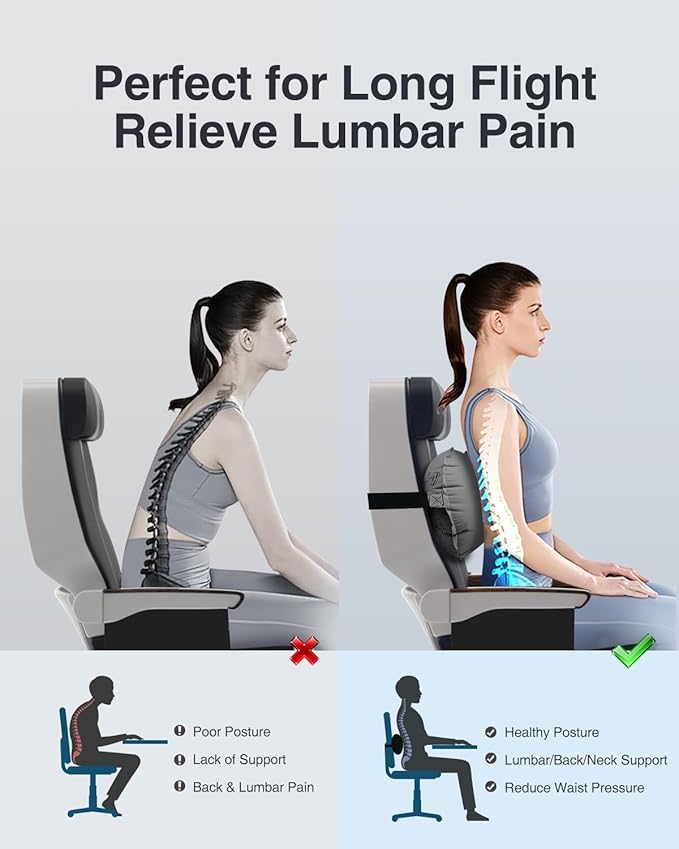 Luxtude Inflatable Lumbar Pillow for Airplane Travel, Lumbar Support Pillow for Office Chair/Car, Self-Inflating Travel Lumbar Pillow Back Support, Lower Back Pillow for Reducing Lumbar Pain