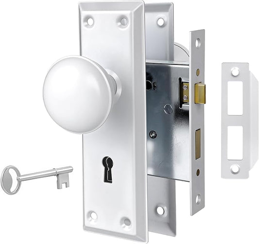 Mortise Lock Set for Interior Door, White Door Knobs with Lock and Skeleton Key, Vintage Door Knobs for Old Style Doors