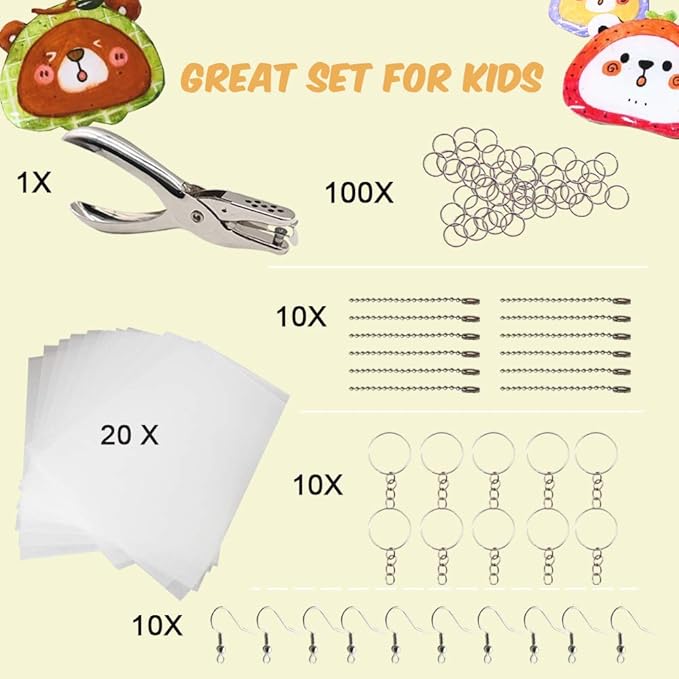 BAISDY 151Pcs Heat Shrink Art Kit with Hold Punch - 20Pcs Blank Shrink Plastic Sheets 130Pcs Keychain Earrings DIY Accessories for Kids Craft