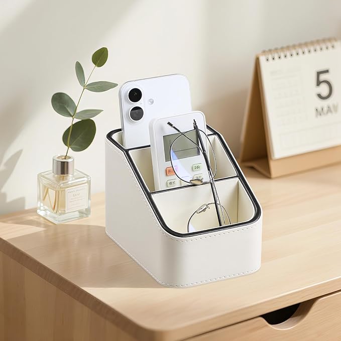 PU Leather Remote Control Holder, Small Desk Organizer Office Supply Bedside Caddy for Nightstand End Table Couch, Pen Remote Organizer with 3 Compartments (Cream)