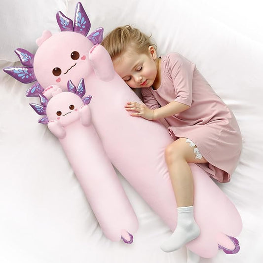 Mewaii Artist-Designed Ultra Soft Plush Long Body Pillow, Extra Stuffing for Comfort, Premium Quality Stuffed Animal Gift for Girlfriend or Axolotl Lovers (Pink Axolotl Body Pillow 20 Inch)
