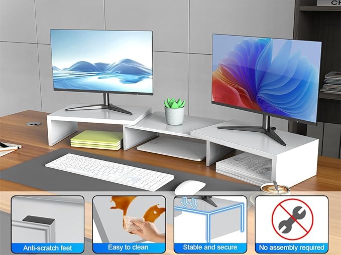 OUTIOE Dual Monitor Stand for Desk, Metal Computer Stand, Desk Shelf Riser,Desktop Organizer for Home and Office Use (White)