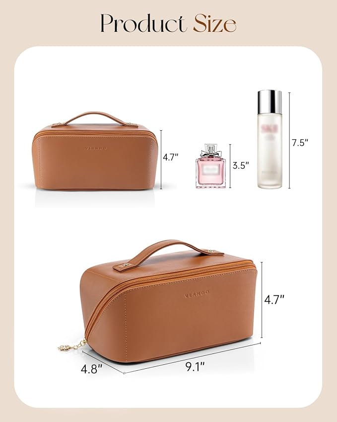 Vlando Makeup Bag,Large Capacity Travel Toiletry Bag,Cosmetic Bags for Women PU Leather Waterproof Portable Pouch with Divider & Handle-Brown