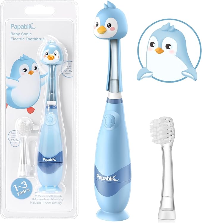 Papablic Toddler Sonic Electric Toothbrush for Ages 1-3 Years, Baby Electric Toothbrush with Cute Penguin Cover and Smart LED Timer, 2 Brush Heads (Pippin)