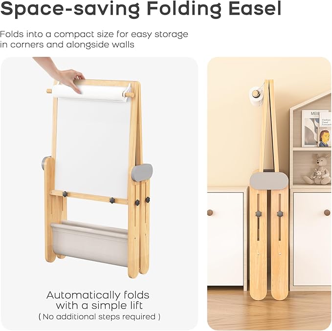 BanaSuper Kids Art Easel - Double-Sided Foldable Wooden Art Easel with Magnetic Chalkboard and Whiteboard, Portable Art Station with Paper Roll Holder for Creative Play