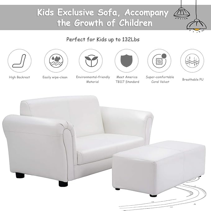 Costzon Kids Couch with Footstool, 2 in 1 Double Seat Children's Sofa w/PU Leather Surface, Armrest Chair Lounge, Soft Kids Sofa for Preschool Bedroom Kids Room Toddlers Boys Girls Birthday (White)