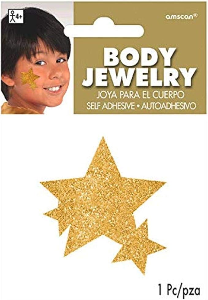 Amscan Stars Assorted Glitter Self-Adhesive Body Jewelry, 5" X 3 1/2" (pkg. size), Gold