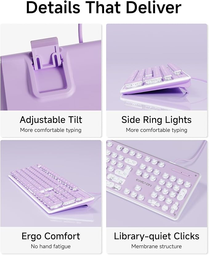 EWEADN GX710S Backlit Computer Keyboards, Wired USB Keyboard with White Backlit, Metal Panel, Plug and Play, Pudding Keycaps Full Size Quite Computer Keyboard for Win/PC/Laptop-Purple