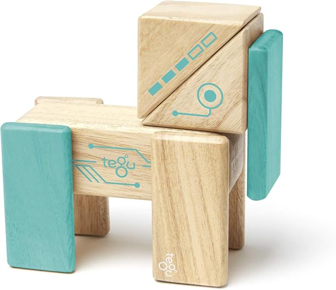 Tegu Robo Magnetic Wooden Block Set, Electric Aqua, 8 PIECE