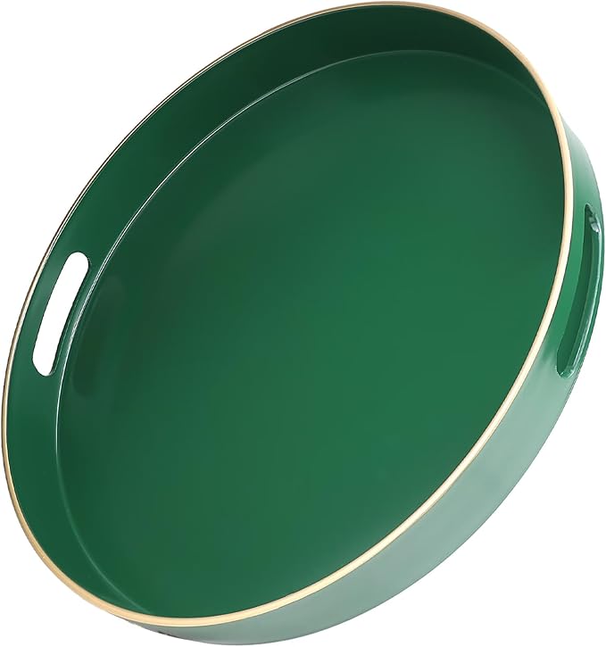Omuriko Green Round Decorative Tray with Handles, 13" Versatile Serving Tray for Coffee Table, Ottoman, Ideal for Serving, Displaying, Organizing