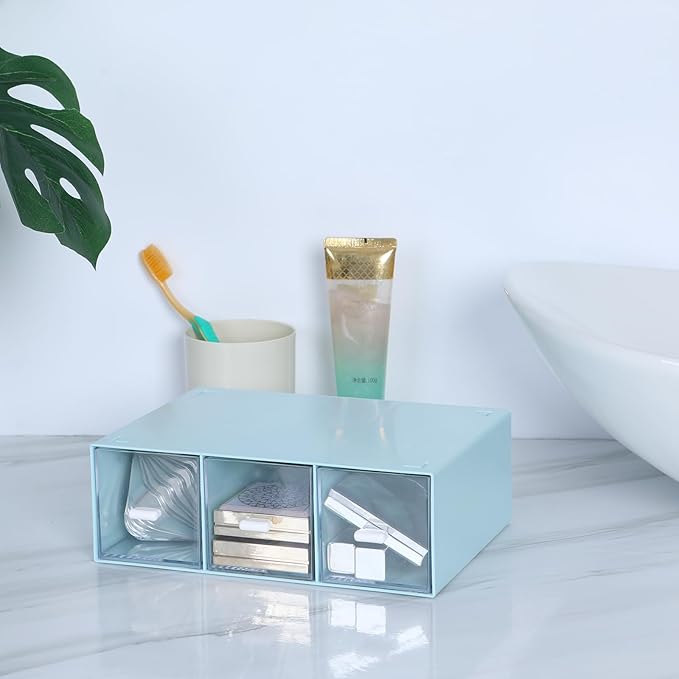 Desktop Drawers, Desk Organizer with 3 Drawers, Stackable Plastic Storage Box for Home Collection, Cosmetics, Jewelry, Office Supplies (1 Tall Layer, Blue)