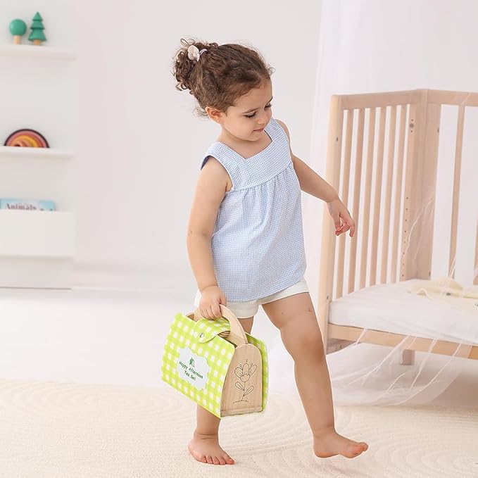 JAUNTY Tea Party Set Toy for Little Toddler Girl 3 4 5 6 Years Old, Wooden Tea Set Pretend Role Play Kitchen Toy with Carrying Case, 3-5 Year Old Kids Girls Boys Birthday