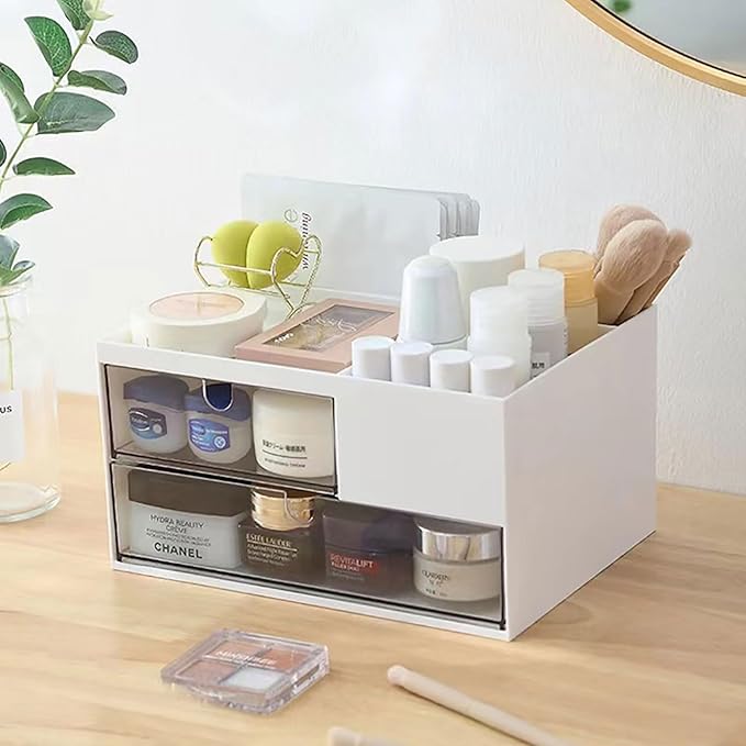 Desk Drawer Organizer, Desk Storage Box with 2 Drawers and 4 Compartments, Multifunctional Desk Accessories & Countertop Organizers for Office School Home (White）