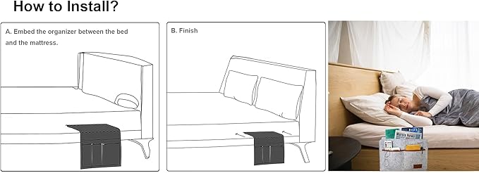 Bedside Caddy, Sofa Caddy, Storage Organizer Pocket for Dorm, Bedroom, 5 Pockets Felt Organizer for Magazine, Remote, Phone, Tablet, Pad, Glasses, Pen, Remote Control (Light Grey-Short)