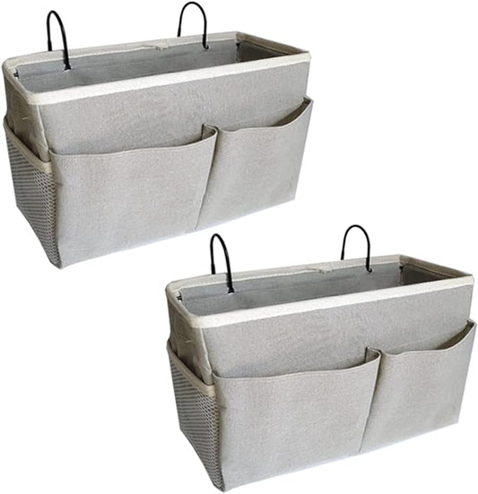 2-Pack Bedside Caddy, Bedside Hanging Storage Organizer for College Dorm Beds, Bunk Beds and Hospital Beds Rails, The Hanging Basket Can be Placed Magazine, Books, Phones,kettle, Glasses (Grey)
