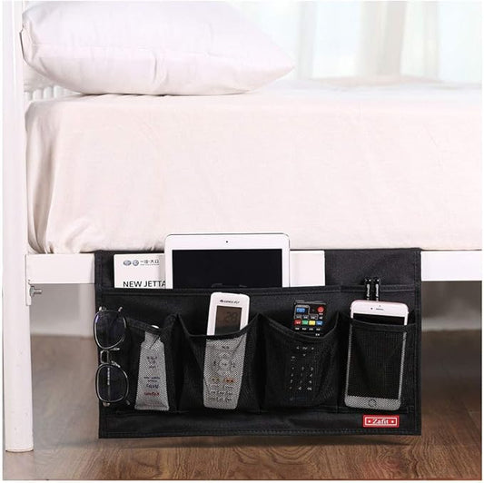 Bedside Storage Organizer - 6 Pockets, Table Cabinet Caddy for Remotes, Phone, Glasses (Black)