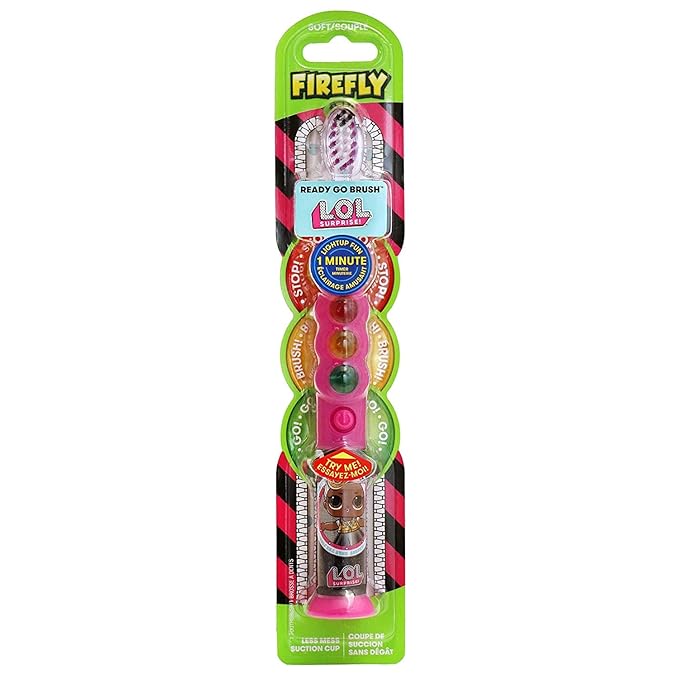 Firefly Ready Go Light Up Timer Toothbrush, L.O.L. Surprise!, Premium Soft Bristles, 1 Minute Timer, Less Mess Suction Cup, Battery Included, Easy Storage, Dentist Recommended, Ages 3+, 1 Pack