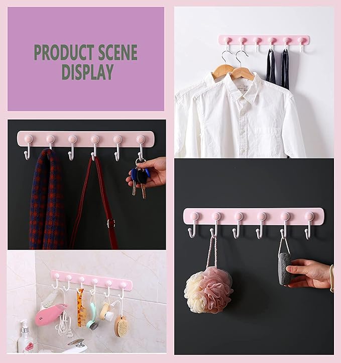 Kids Coat Rack Wall Mount, Adhesive Wall Hooks with 6 Rotating Hooks for Hanging Clothes Cooking Towels, Pink Decorative Hangers for Girls Bedroom, Bathroom, Office (Pink 2 Pack)