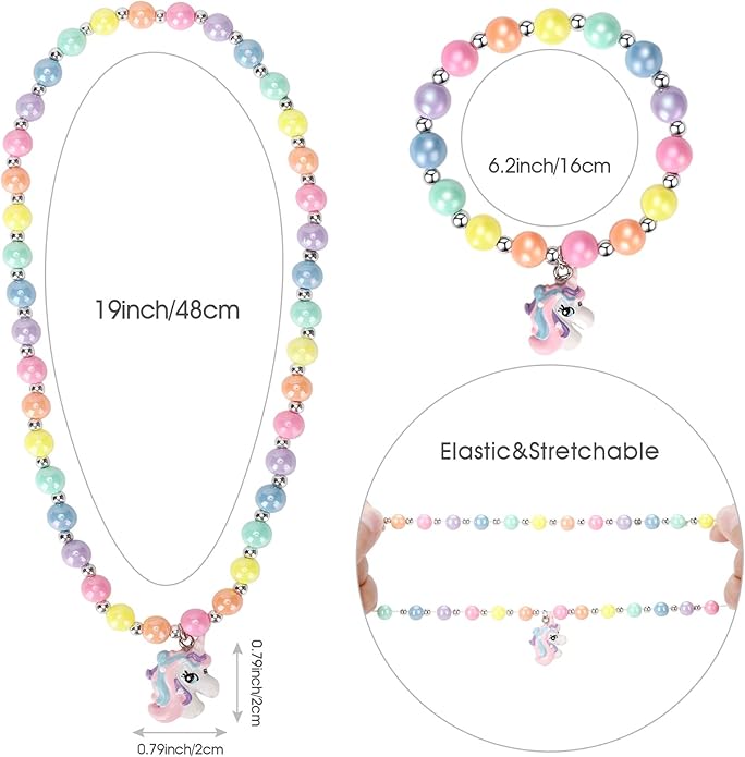 3 Sets Girl Princess Necklace Bracelet Ring Kids Stretchy Jewelry Gift Unicorn Butterfly Necklace Bracelets Rings Party Favors Dress up Jewelry for Little Girl Toddler(with Gift Box)