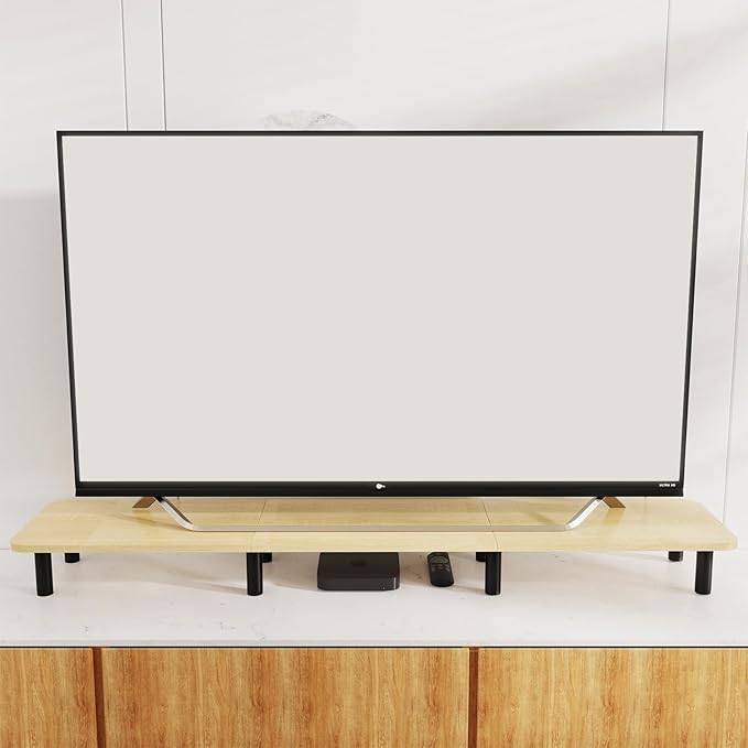 WEGASTU Large Extra Long Monitor Stand Riser 43.7in,Dual Monitor Riser, Wide TV Stand for 2 Monitors, Wood & Steel Leg Adjustable Height Desktop Riser, Home Office Organization. (Natural)