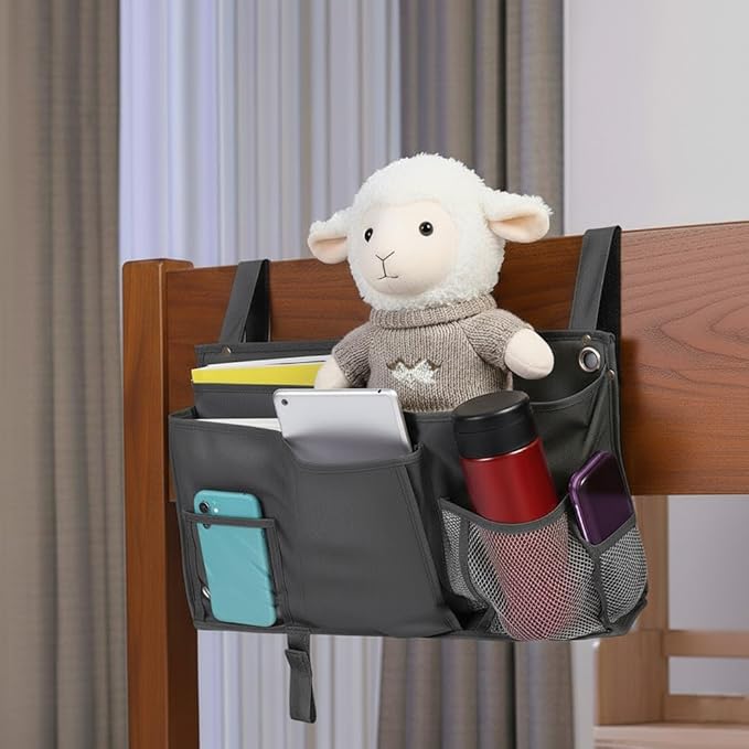 Bedside Organizer, Durable Bunk Bed Caddy, Multi-Pocket Hanging Storage Bag for College Dorm, Home, Hospital and Baby Stroller, Easy Installation, Metal Rivets Added, Oxford Fabric (Black)