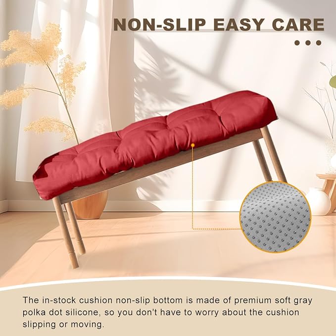 Bench Cushion 42 inches,Indoor/Outdoor Non-Slip Tufted Cushions, Premium Waterproof Linen, Soft Piano Sofa Cushions, Entryway Storage, Bay Window, High-Density Memory Foam(Dark Red-42x16x4in)