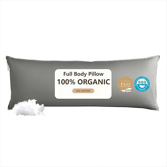 Goose Down Body Pillows for Adults, Large Body Pillow for Side Sleeper, Hugging Feather Body Pillow Insert, Cooling Full Length Long Pillow for Bed with 100% Organic Cotton Shell, 20"x54" Dark Grey