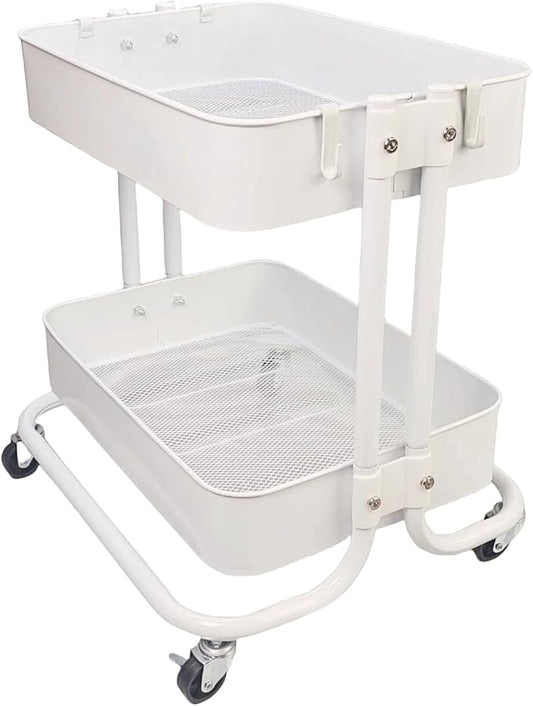 LiWNYRK 2 Tier Under Desk Storage Cart with Wheels Heavy Duty Metal Short Rolling Pantry Storage Cart for Small Space, Utility Trolley for Kitchen Bathroom Laundry Cute Snack Craft Organizer, White